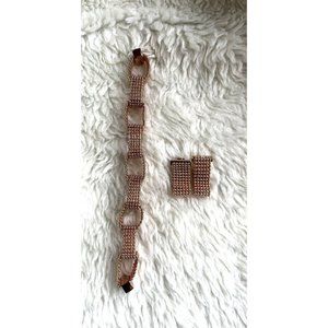 Rose Gold Tone Multi-Cord Textured Bracelet Magnetic Clasp  Matching Earring Set